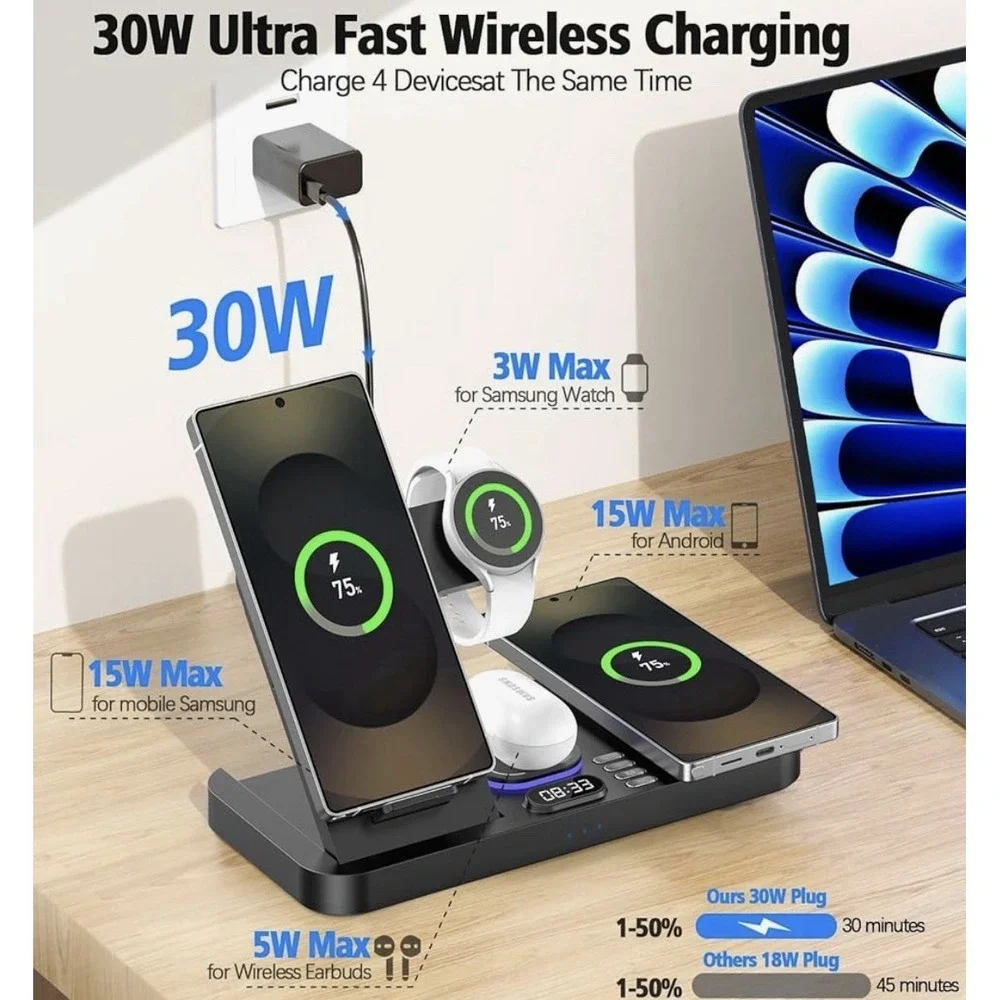 NEW Magnetic Wireless Charger for Samsung, 6 in 1 Charging Station With Clock